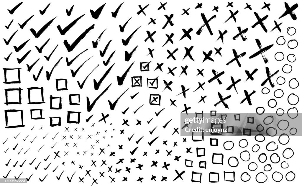 Hand drawn ticks, crosses, squares and circles