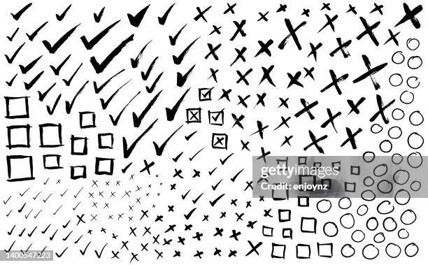 hand drawn ticks, crosses, squares and circles - x stock illustrations