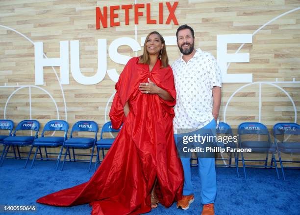Queen Latifah and Adam Sandler attend the Netflix World Premiere of "Hustle" at Regency Village Theatre on June 01, 2022 in Los Angeles, California.