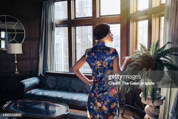 rear view of stylish woman looking out window - brooch elegant stock-fotos und bilder