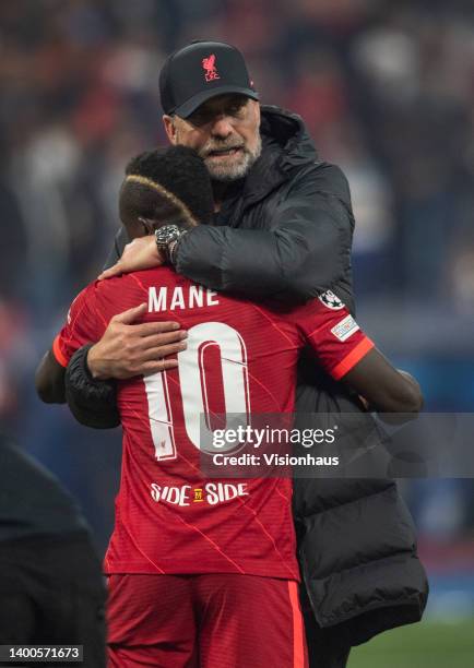 Liverpool manager Jurgen Klopp embracdes Sadio Mane after the UEFA Champions League final match between Liverpool FC and Real Madrid at Stade de...