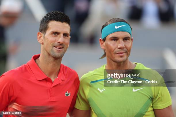 May 31. Novak Djokovic of Serbia and Rafael Nadal of Spain pose for a photograph at the net before theit match on Court Philippe Chatrier during the...