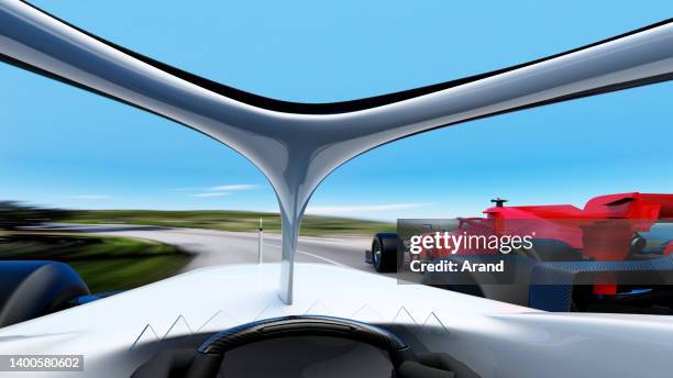 red race car leading on a race track - car point of view stock pictures, royalty-free photos & images