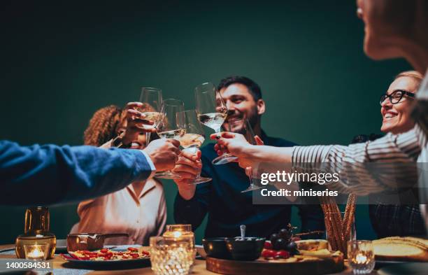 happy friends toasting with a glass of wine during a dinner celebration - partyvärd bildbanksfoton och bilder