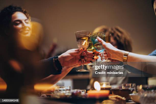 amigos brindando con una copa de vino durante una cena de celebración - cena fotografías e imágenes de stock