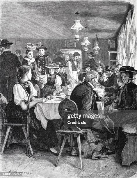 black forest marriage, bollenhut, wedding party is seated at the table - bollenhut stock illustrations