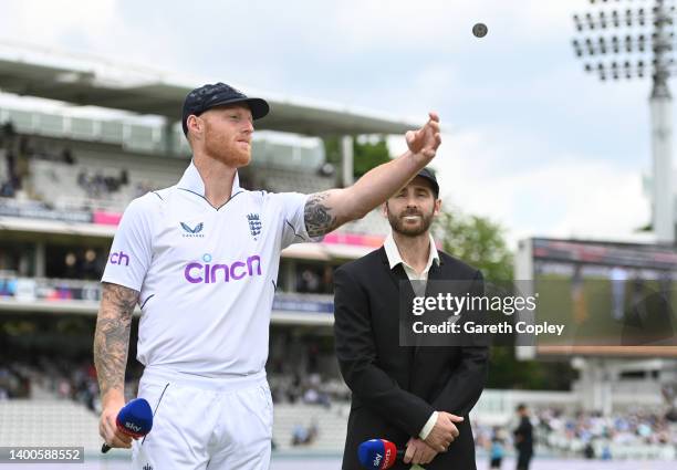 England captain Ben Stokes tosses the coin watched by New Zealand captain Kane Williamson during day one of the First LV= Insurance Test match...