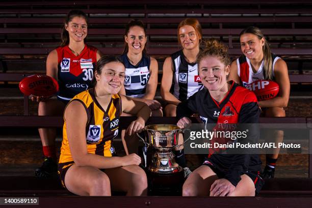 Rebecca Grant of the Casey Demons, Breanna Beckley of Geelong, Hannah Bowey of Collingwood, Deanna Jolliffe of the Southern Saints, Izzy Khoury of...