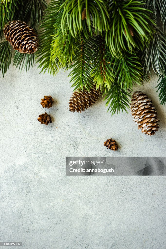 Overhead view of pinecones and fir branches on a table