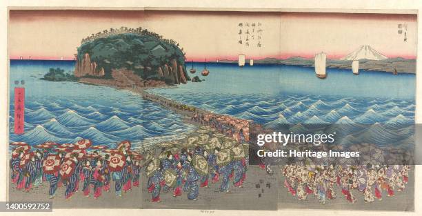 Crowd Visiting Benzaiten Shrine at Enoshima in Sagami Province , c. 1847/52. Artist Ando Hiroshige.