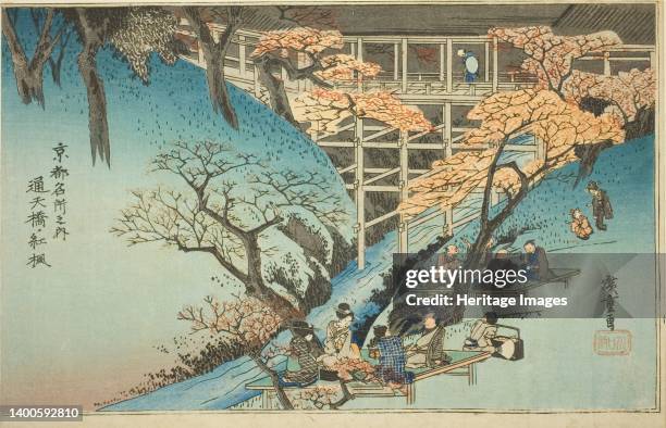 Red Maple Trees at the Tsuten Bridge , from the series "Famous Places in Kyoto ", c. 1834. Artist Ando Hiroshige.