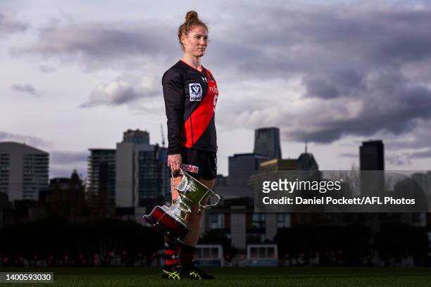 Georgia Nanscawen of Essendon poses for a photograph during a VFLW media opportunity at North Port Oval on June 02, 2022 in Melbourne, Australia.