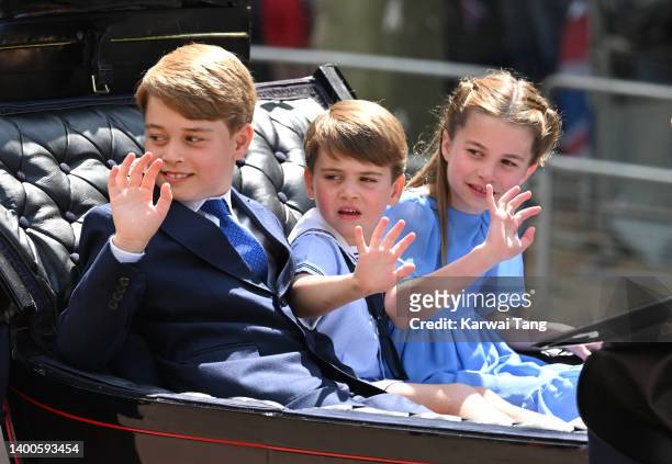 Prince George, Prince Louis and Princess Charlotte in the carriage procession at Trooping the Colour during Queen Elizabeth II Platinum Jubilee on...
