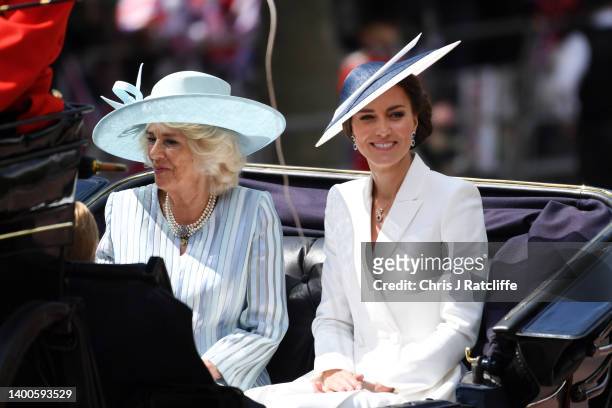 Camilla, Duchess of Cornwall, Catherine and Duchess of Cambridge during the Trooping the Colour parade on June 02, 2022 in London, England. The...