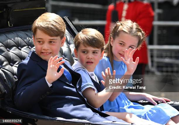 Prince George, Prince Louis and Princess Charlotte in the carriage procession at Trooping the Colour during Queen Elizabeth II Platinum Jubilee on...