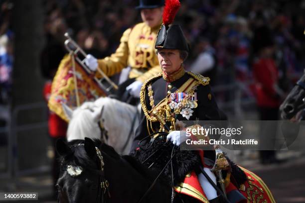Princess Anne, Princess Royal rides horseback during the Trooping the Colour parade on June 02, 2022 in London, England. The Platinum Jubilee of...