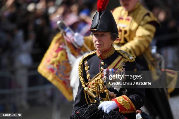 Princess Anne, Princess Royal rides horseback during the Trooping the Colour parade on June 02, 2022 in London, England. The Platinum Jubilee of...