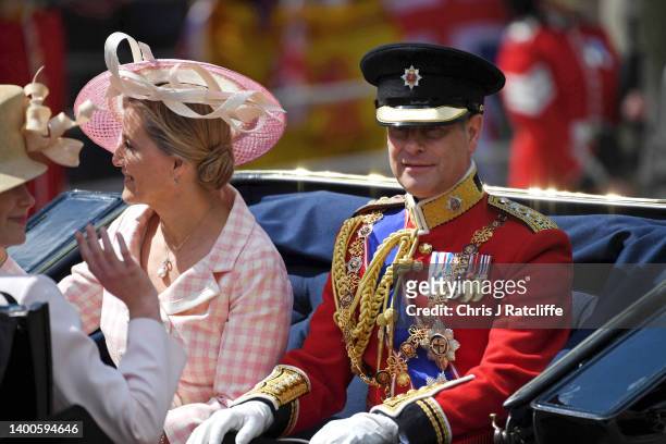 Prince Edward, Earl of Wessex, Sophie, Countess of Wessex during the Trooping the Colour parade on June 02, 2022 in London, England. The Platinum...