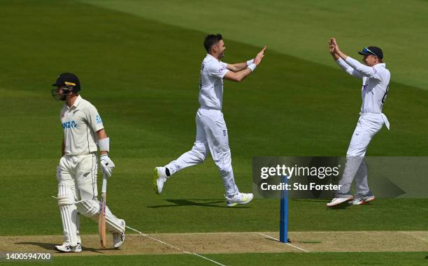 James Anderson of England celebrates after dismissing Will Young of New Zealand during day one of the First LV= Insurance Test match between England...