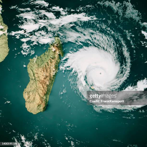 madagascar topographic map cyclone batsirai 2022 clouds 3d render color - la reunion stock pictures, royalty-free photos & images
