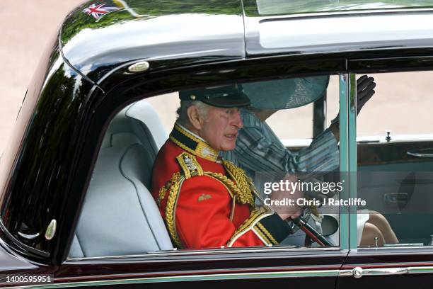 Prince Charles, Prince of Wales rides in a car during the Trooping the Colour parade on June 02, 2022 in London, England. The Platinum Jubilee of...