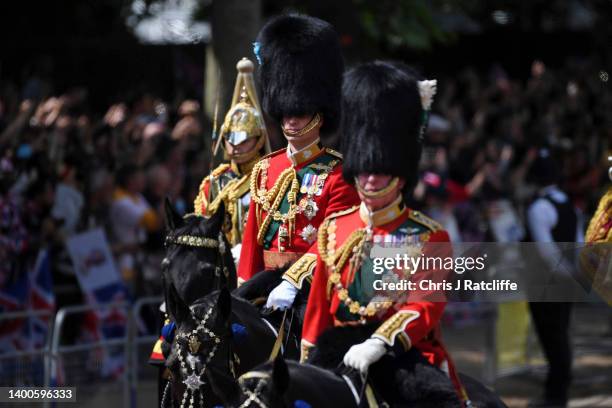 Prince William, Duke of Cambridge and Prince Charles, Prince of Wales ride horseback during the Trooping the Colour parade on June 02, 2022 in...