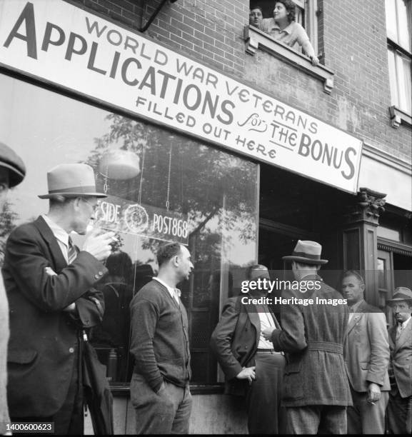 New York City. Post office, Lower East Side. ['World War Veterans - Applications for the Bonus filled out here']. Artist Dorothea Lange.