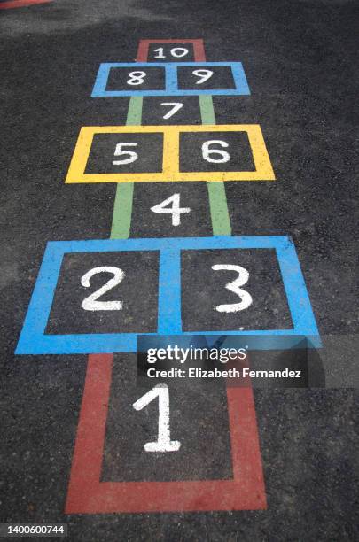 high angle view of colorful hopscotch drawn on street - first second third place stock pictures, royalty-free photos & images