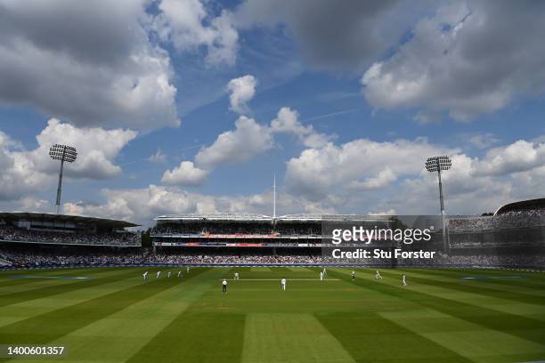 General view of play during day one of the First LV= Insurance Test match between England and New Zealand at Lord's Cricket Ground on June 02, 2022...