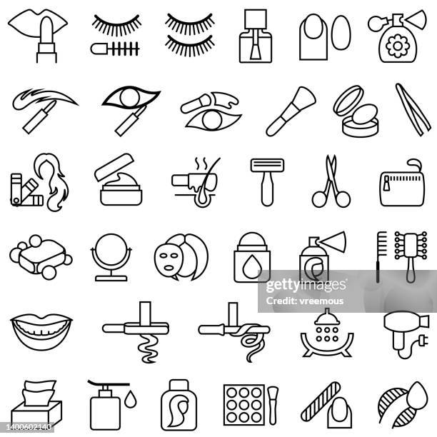 ilustraciones, imágenes clip art, dibujos animados e iconos de stock de cosméticos y productos de belleza delinean iconos - base de maquillaje