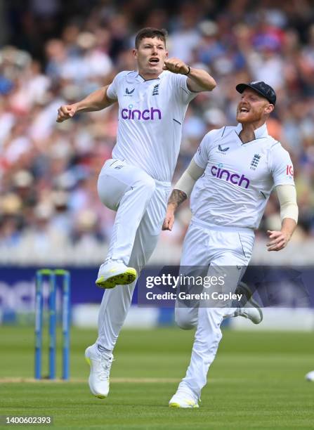 Matthew Potts of England and Ben Stokes of England celebrates the wicket of Kane Williamson of New Zealand day one of the First LV= Insurance Test...