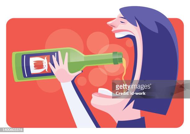 ilustraciones, imágenes clip art, dibujos animados e iconos de stock de mujer sosteniendo una botella de cerveza y bebiendo - alcoholismo