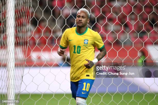 Neymar Jr. Of Brazil is seen during the international friendly match between South Korea and Brazil at Seoul World Cup Stadium on June 2, 2022 in...