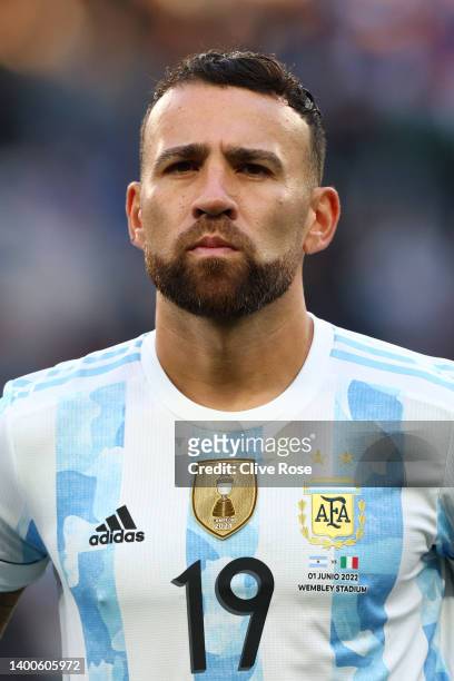 Nicolas Otamendi of Argentina looks on prior to the 2022 Finalissima match between Italy and Argentina at Wembley Stadium on June 01, 2022 in London,...
