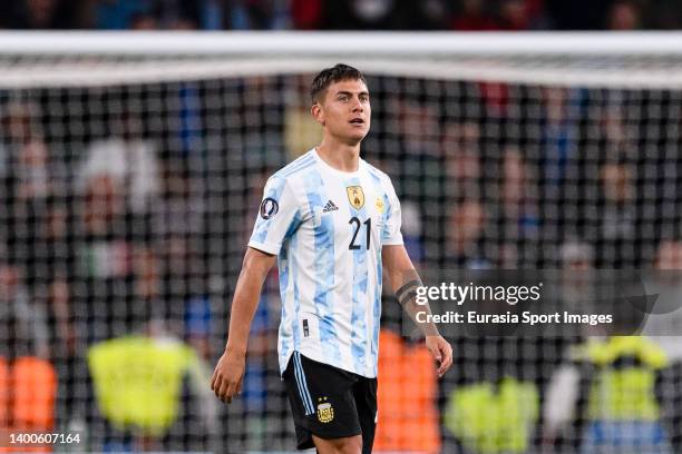 Paulo Dybala of Argentina celebrates his goal during the Finalissima Final match between Italy and Argentina at Wembley Stadium on June 1, 2022 in...