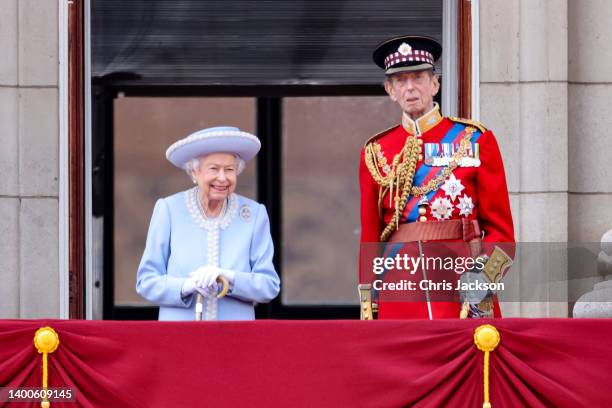 Queen Elizabeth II and Prince Edward, Duke of Kent on the balcony of Buckingham Palace during the Trooping the Colour parade on June 02, 2022 in...