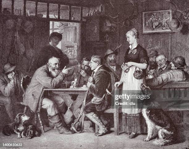 talking with the sunday hunter, people in a restaurant having fun - dog drinking stock illustrations