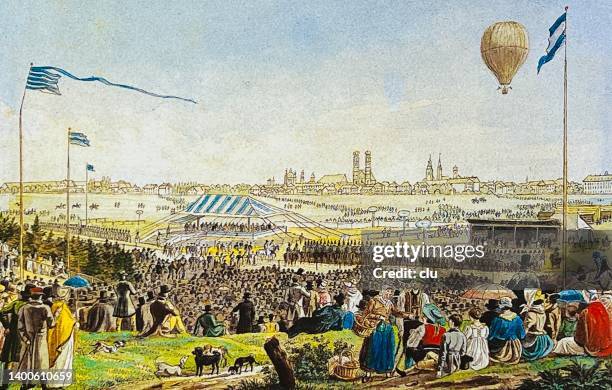 munich beer fest 1823, first depiction of a marquee - beer hall munich stock illustrations