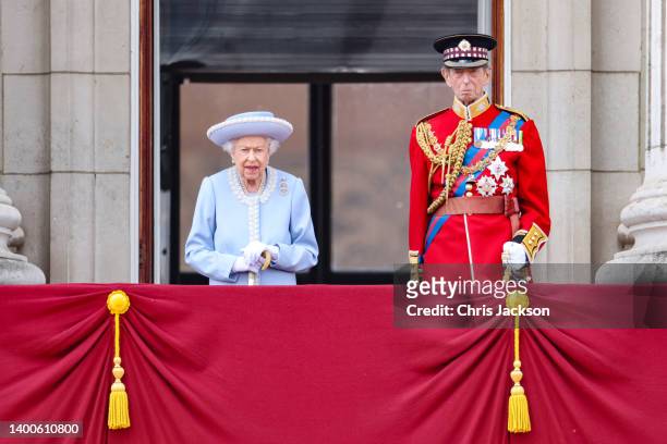 Queen Elizabeth II and Prince Edward, Duke of Kent on the balcony of Buckingham Palace during the Trooping the Colour parade on June 02, 2022 in...