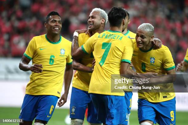 Neymar Jr. Of Brazil celebrates scoring his side's second goal with his teammates during the international friendly match between South Korea and...