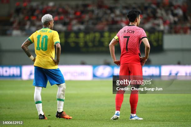 Neymar Jr. Of Brazil and Son Heungmin of South Korea are seen during the international friendly match between South Korea and Brazil at Seoul World...