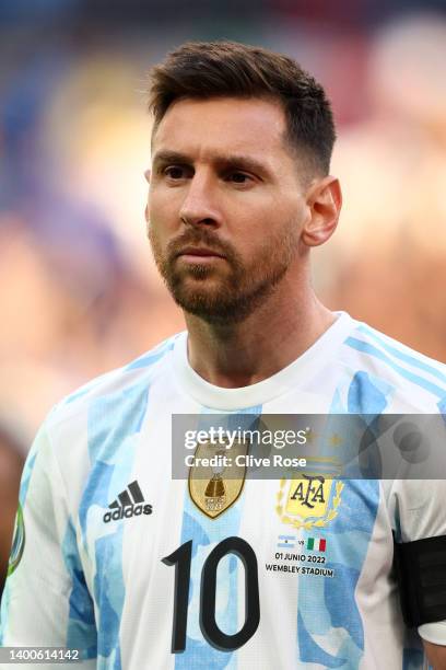 Lionel Messi of Argentina looks on prior to the 2022 Finalissima match between Italy and Argentina at Wembley Stadium on June 01, 2022 in London,...