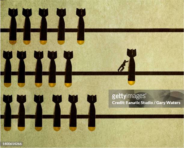 stockillustraties, clipart, cartoons en iconen met concept image of a man pushing bombs along an abacus depicting warfare - luchtaanval
