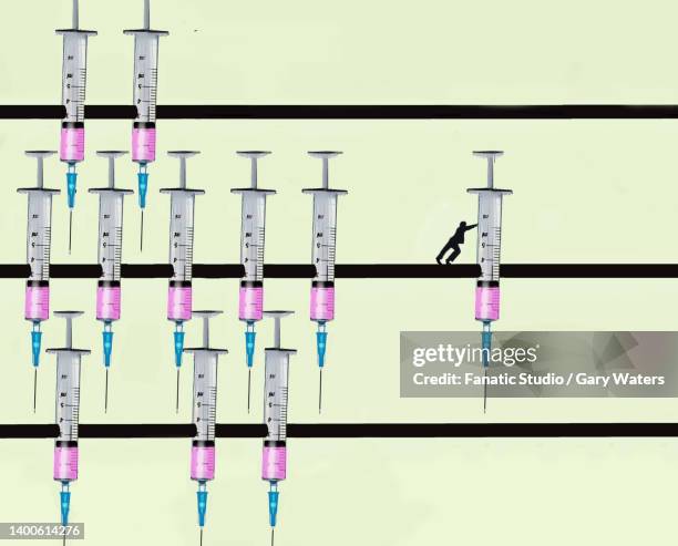 concept image of a man pushing hypodermic needle along an abacus depicting vaccination and medical treatments - abacus abstract stock illustrations