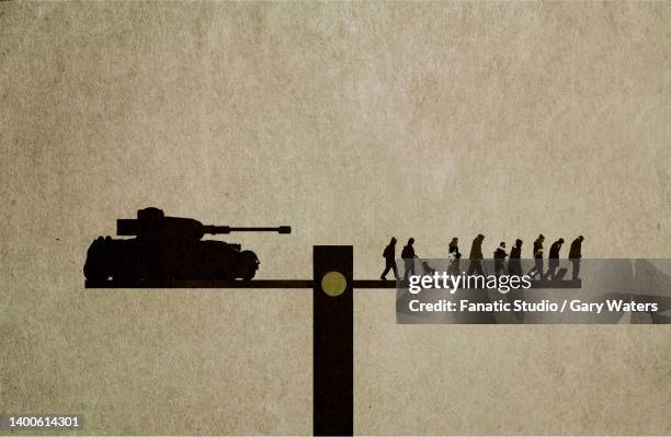 concept image of an army tank chasing a group of refugees on a see saw depicting population displacement during conflict - besatzungstruppe stock-grafiken, -clipart, -cartoons und -symbole