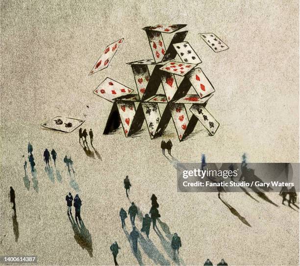 concept image of a group of people and a falling house of cards depicting the fragility of society - card house stock illustrations