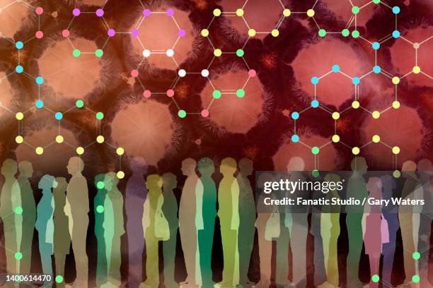 concept image of a group of people against a background of cell structures and hexagons depicting biotechnology medical progress and science - 光学顕微鏡図点のイラスト素材／クリップアート素材／マンガ素材／アイコン素材