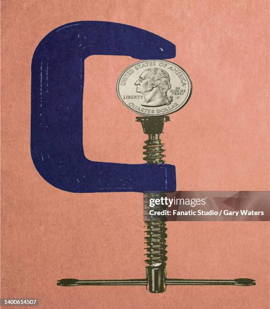 ilustrações de stock, clip art, desenhos animados e ícones de concept image of a quarter dollar in vise grips depicting pressure on currency - vise grip