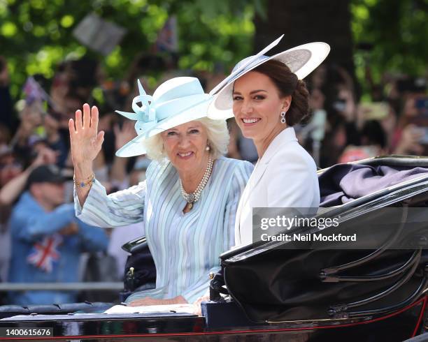 Catherine, Duchess of Cambridge and Camilla, Duchess of Cornwall seen at Trooping The Colour on June 02, 2022 in London, England. Trooping The...