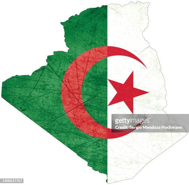 map of algeria with an algerian flag with a grunge texture - algeria stockfoto's en -beelden